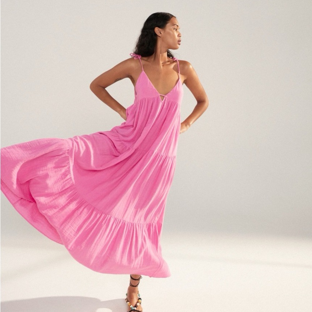 Zara Midi Pink Chiffon Tiered Dress Sz L 0881 312 630